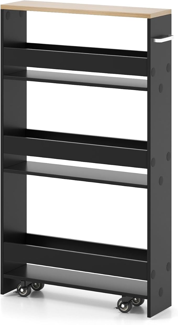 Giantex 4 Tier Rolling Slim Storage Cart, 5" Narrow Slide Out Kitchen Cart w/Handle & Open Shelves, Space-Saving Compact Mobile Utility Trolley for Small Space Laundry Room (Black & Natural)