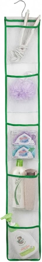 ALYER Narrow Mesh Fabric Shower Caddy Organizer with Hanger,Hanging Mesh Pockets for Shampoo, Conditioner, Soap and Body Wash (Green)