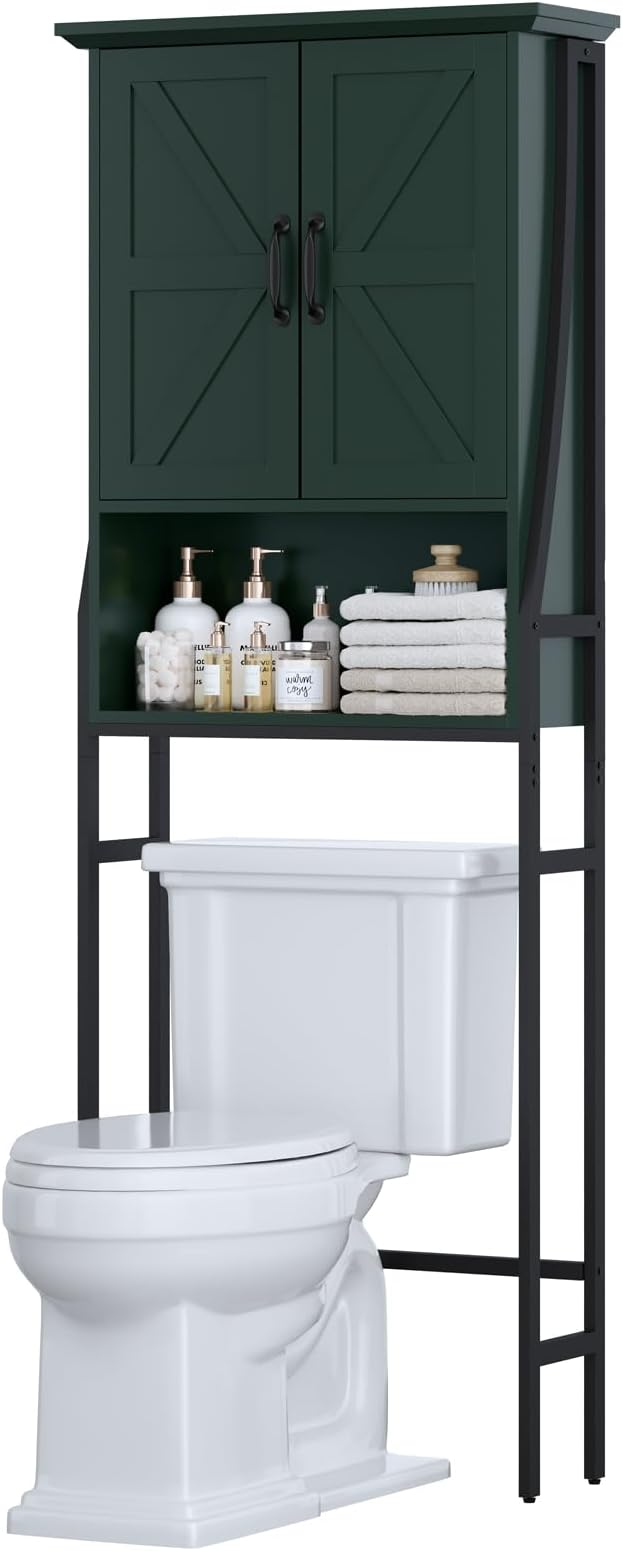 Over The Toilet Storage Cabinet, Over Toilet Bathroom Organizer with Barn Doors Above Toilet Storage Cabinet Spacesaver Behind Toilet Bathroom Organizer (Forest Green)