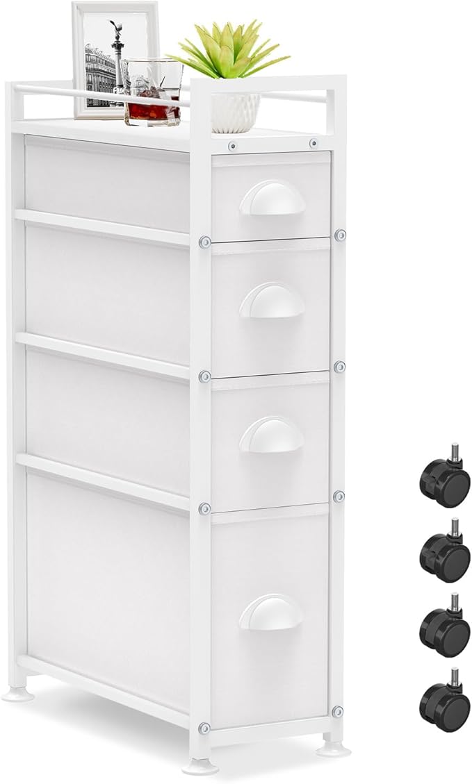 LASZOLA 4 Drawer Narrow Slim Cabinet Skinny Storage Tower Chest, Ideal for Small Spaces, Between Washer and Dryer, Lightweight Mobile on Wheels, Sturdy Fabric Drawers, White