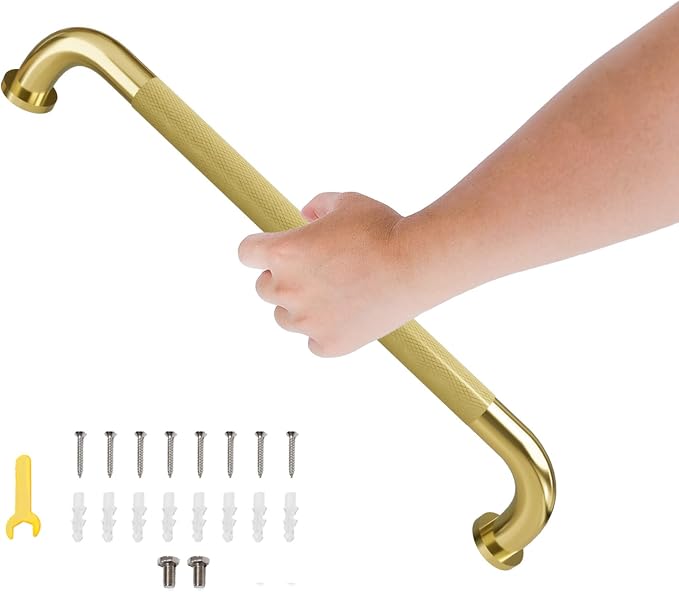 24 Inch Shower Grab Bar, Brushed Gold Bathroom Grab Bar Handle with Anti-Slip Knurled Grip, Stainless Steel Bath Balance Bar, 1.25" Diameter Bath Safety Bar Support for Seniors Elderly Pregnant