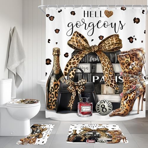4Pcs Brown Leopard Shower Curtain Set, Cheetah Bathroom Curtain with Rug, Toilet Lid Cover, Bath Mat, Fashion Luxury Magazine Books Perfume High Heels Girly Shower Curtain with 12 Hooks