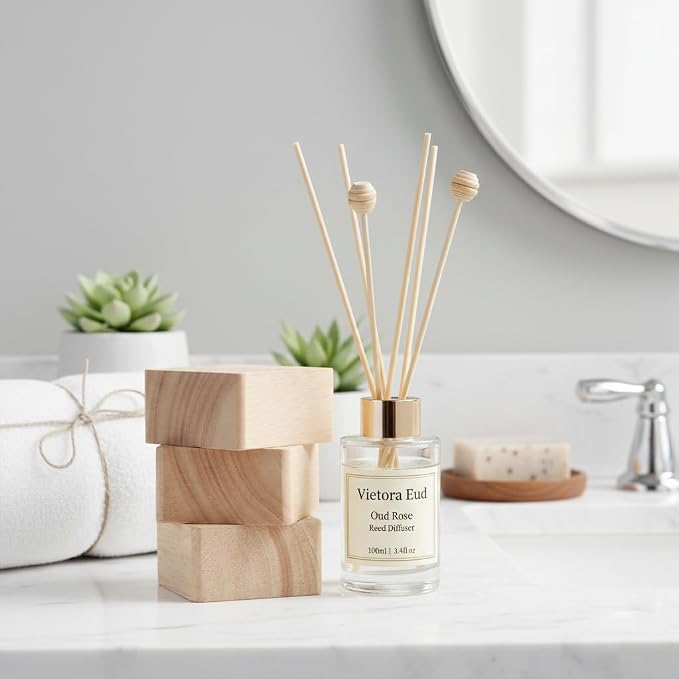 Oud Rose Reed Diffuser for Home, Luxury Hotel Collection Scent Inspired by Ritz Carlton, Long Lasting Fragrance, Minimalist Design, Bathroom Accessories/Bedroom Office Decor Gift, 3.34 Fl Oz