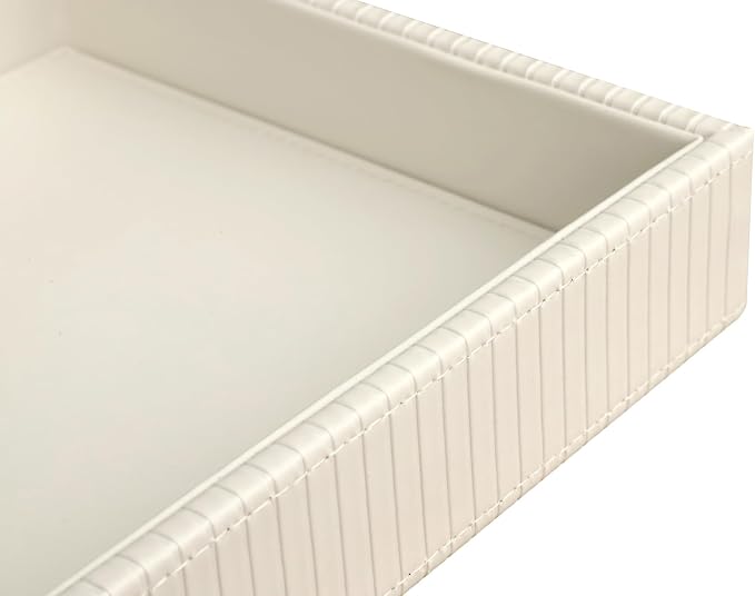 HofferRuffer Faux Leather Vanity Tray, Elegant Desktop Storage Organizer, Decorative Catchall for Perfume, Bathroom Valet, Nightstand or Dresser, 10.2 x 8.4 x 1.8 inches (CreamWhite Stripe)