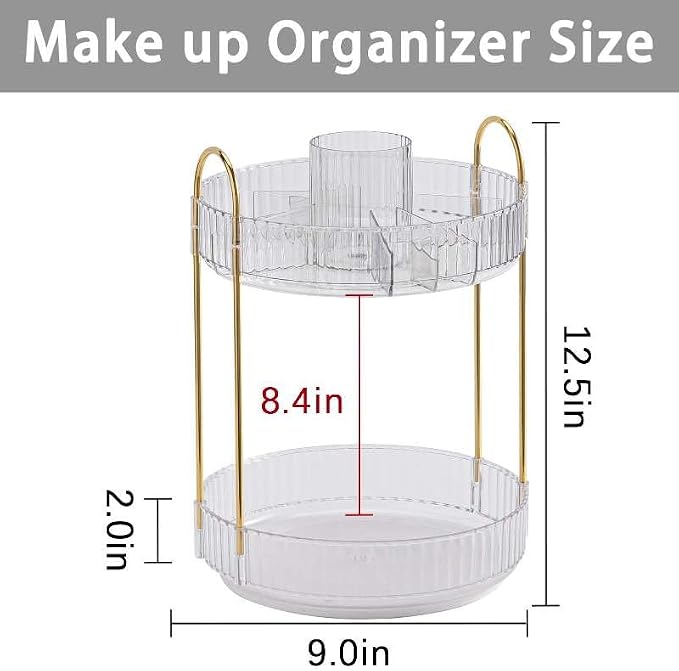 shuang qing Rotating Makeup Organizer for Vanity, High-Capacity Skincare Clear Make Up Storage Perfume Organizers Cosmetic Dresser Organizer Countertop 360 Spinning (Clear, New-2 Tier)