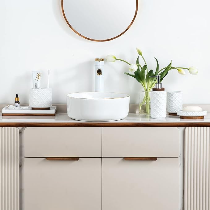 RQYIXI Bathroom Accessories Set 6 Pcs Ceramic Wooden Bathroom Set with Soap Dispenser Toothbrush Holder Tray Tumbler Soap Dish Trash Can（White）