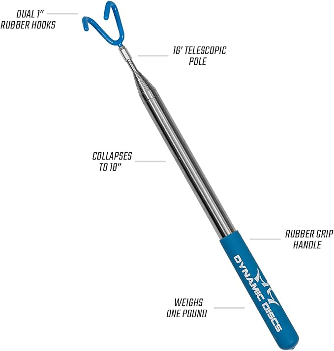 Dynamic Discs Disc Golf Retriever | 16ft Reach, 18in Collapsed | Telescoping Grabber with Hook | Retrieve from Trees or Water Without Getting Wet | Retriever Pole Accessories & Gifts