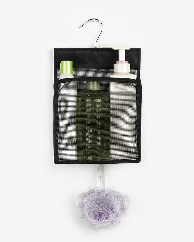 ALYER Hanging Mesh Shower Caddy Organizer Bathroom Storage Bag with Hooks for College Dorm, Gym, Swimming,RV and Travel,Black-2 Pack