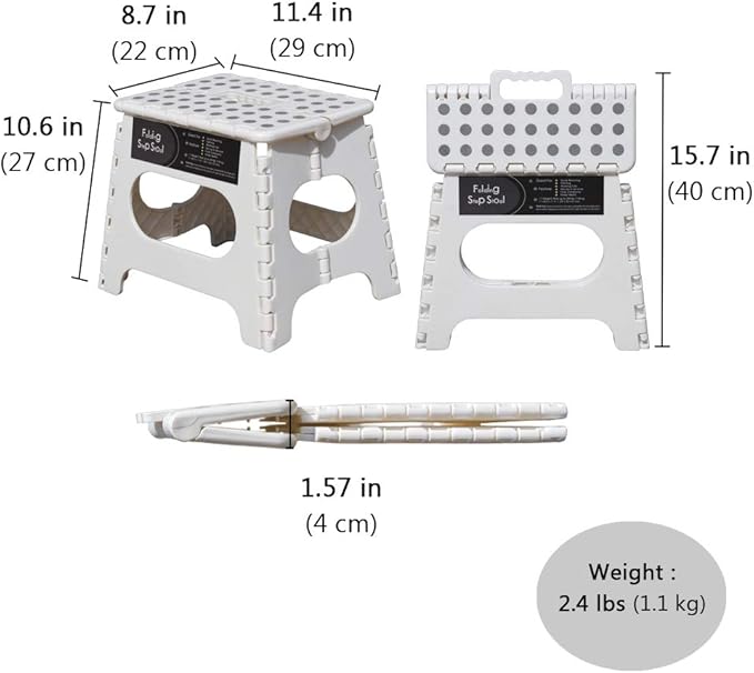 Non-Slip Folding Step Stool, Sturdy Safe Enough - Holds up to 300 Lbs - 11 inch Footstool for Adults or Kids, Folding Ladder Storage/Opens Easy, for Kitchen,Toilet,Camping (White/Gray Dot, 11'')