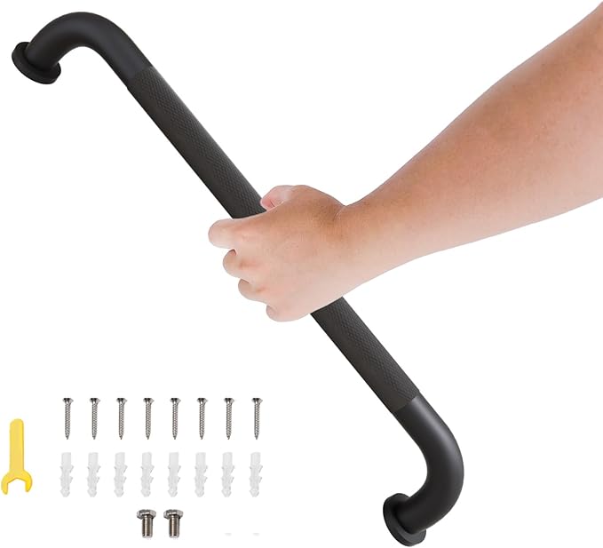 24 Inch Shower Grab Bar, Bathroom Grab Bar Handle with Anti-Slip Knurled Grip, Stainless Steel Bath Balance Bar, 1.25" Diameter Bath Safety Bar Support for Seniors Elderly Pregnant, Matte Black