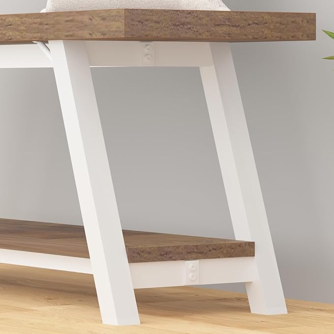 LVB Rustic Entryway Bench, Farmhouse Wood Indoor Shoe Bench with Storage in Bedroom End of Bed, Industrial Metal Foyer Shoe Rack Bench Seating for Hallway Living Dining Room, White Rustic Oak, 47 Inch