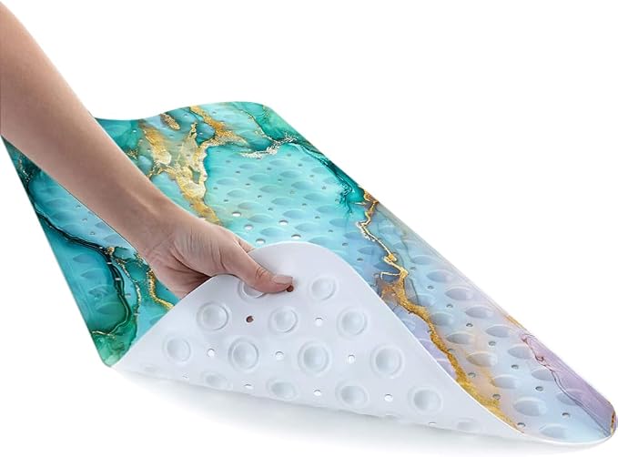 LNOND Marble Bath Tub Mat Non Slip, Extra Long 40 X 16 Inch Anti Slip Mat for Bathtub, Green Marble Shower Mat with Drain Holes and Suction Cups, Machine Washable