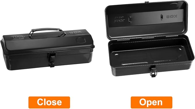 HARFINGTON Tool Box 14.2" Portable Steel Tool Box Hip Roof Style with Metal Latch Closure Tool Chest for Household Workshop Car, Black