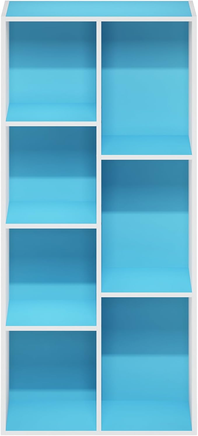 Furinno LUDER Book Shelf, 7-Cube Bookshelf, Bookcase with Open Shelves, 9.4 x 19.5 x 41.7, Easy Assembly, for Living Room, Bedroom, Home Office, White/Light Blue