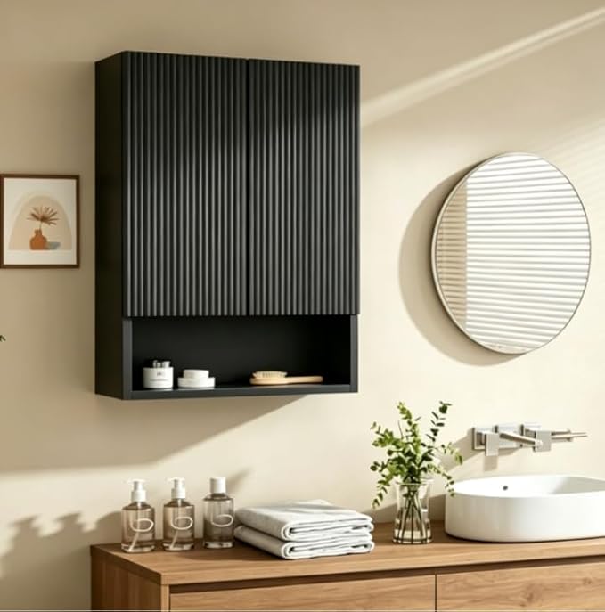 USHOWER Black Bathroom Wall Cabinet, Thickened MDF Medicine Cabinet with 2 Fluted Doors & Open Shelf, Over the Toilet Storage Cabinet for Laundry Room, Living Room, Kitchen, Wall Mounted