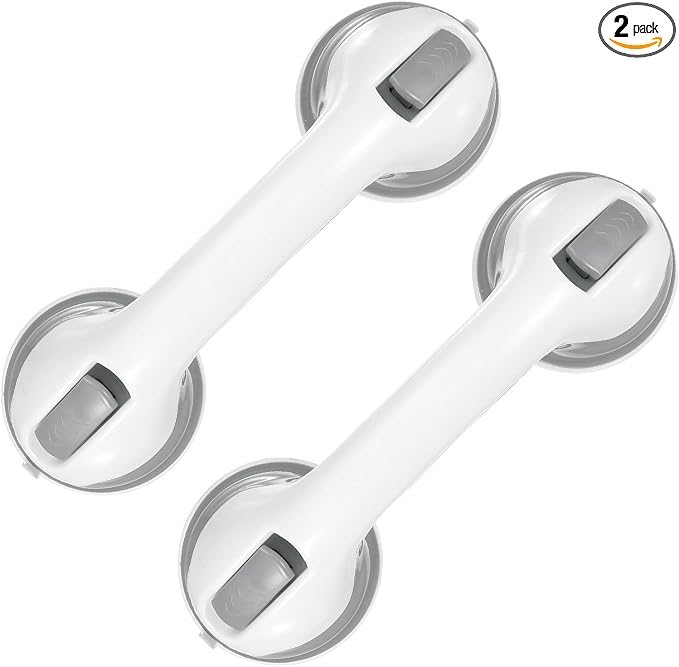 uxcell Grab Bars for Shower 2 Pcs, 12 Inch Shower Handle Suction Cup, Grab Bars Elderly Assistance Products Safety Removable Grip Press-Lock for Seniors Bathtubs Bathroom, White/Gray