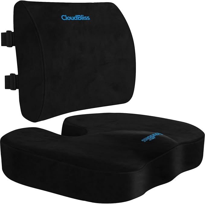 CloudBliss Lumbar Support Pillow & Seat Cushion Set for Office Chair, Desk Chair, Wheelchair & Car–Memory Foam Back Support,Ergonomic Chair Cushions,Sciatica Pain Relief,Home Essentials(Black,XL)