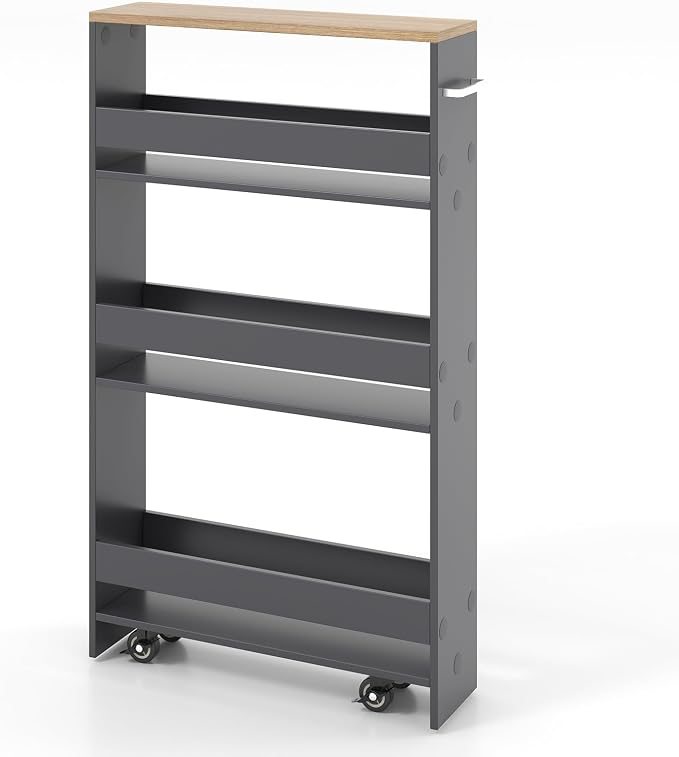 Giantex 4 Tier Rolling Slim Storage Cart, 5" Narrow Slide Out Kitchen Cart w/Handle & Open Shelves, Space-Saving Compact Mobile Utility Trolley for Small Space Laundry Room (Grey & Natural)