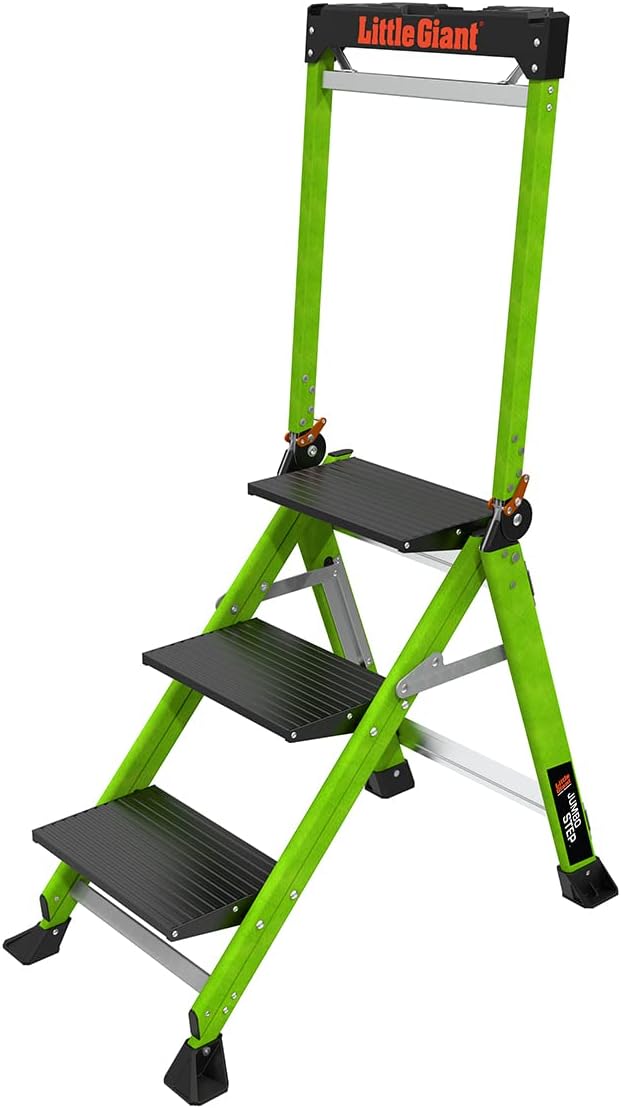Little Giant Jumbo Step 3-Step Foldable 3-Ft Fiberglass Stool, Non-Conductive, Hi-Viz Green Rails, Extra-Wide Stair-Like Treads, Rotating Handrail, 375 lb. Type IAA, 11933