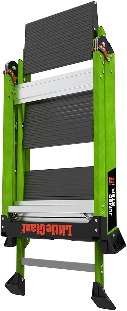 Little Giant Jumbo Step 3-Step Foldable 3-Ft Fiberglass Stool, Non-Conductive, Hi-Viz Green Rails, Extra-Wide Stair-Like Treads, Rotating Handrail, 375 lb. Type IAA, 11933