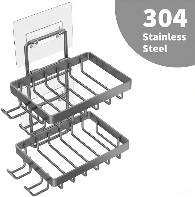 Moforoco Grey Double Soap Bar Holder for Shower, No Drilling, 304 Rustproof Stainless Steel, Wall Mounted Soap Holder with 4 Hooks and Razor Holder, Shower Rack Soap Tray Bar Soap for Bathroom