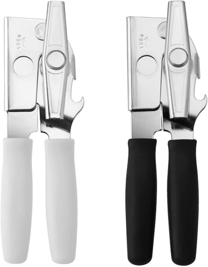 Swing-A-Way 8.6" Portable Can Opener with Sharp Blade, Manual Handheld, 2-in-1 Can & Bottle Opener, Made of Steel, Easy Turn Knob, Kitchen Essential for Cans, Bottles & Jars - 2-Pack (White & Black)