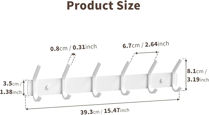 GWAAZXGZ Coat Rack Wall Mount Hooks - 15 Inch Matte White Metal 6-Hook Organizer Wall Mounted, Modern Kids Room, Entryway & Bathroom Hanger for Beach Towels, Coats, Purses, Bags (1 Pack)
