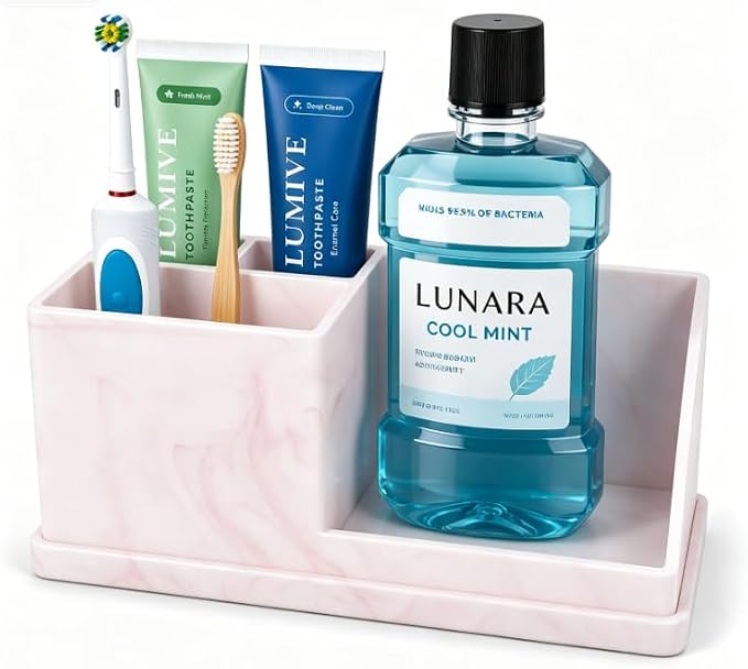 Bathroom Toothbrush Holders, 4 Slots Silicone Counter Organizer Storage with Pink Marble Texture, Detachable Anti-Slip Vanity Organizer for Electric Toothbrush, Toothpaste & Phone