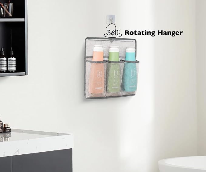 ALYER Mesh Shower Organizer, Shower Caddy with Rotating Detachable Metal Hanger, Quick Dry Bathroom Storage for Toiletry Accessories, Portable Shower Bag for RV, Dorm, Gym and Travel, Gray