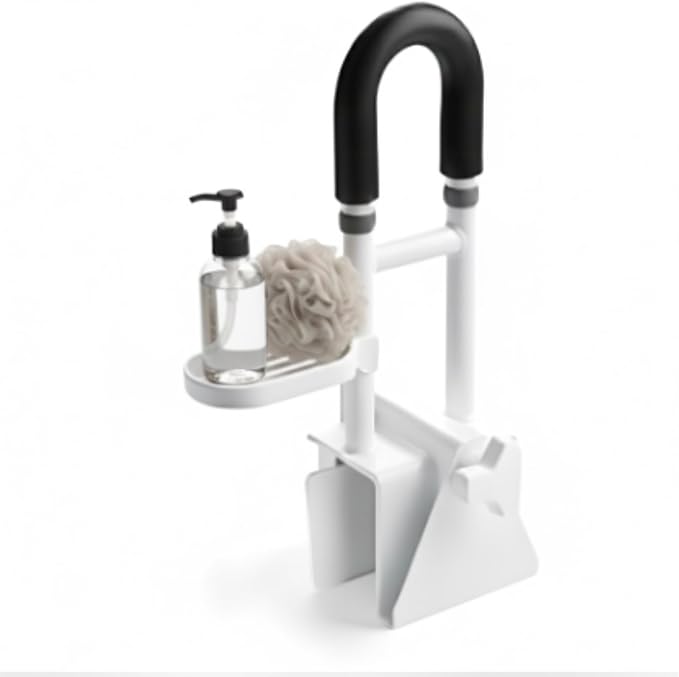 Bathtub Grab Bar Safety Rail for Seniors and Elderly with 300lbs Heavy Duty Iron Support Plus Tool Free Clamp on Shower Handle and Non Slip Bathroom Assist Bar for Side of Tub in White