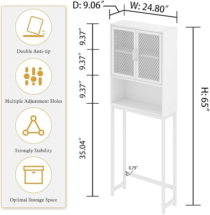 Launica Over the Toilet Storage Cabinet, Over Toilet Bathroom Organizer with Mesh Doors and Shelves, Freestanding Bathroom Storage Cabinet Above Toilet, Wood and Metal, White Oak