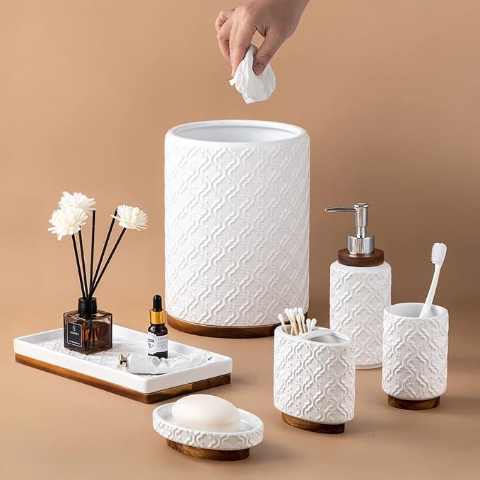 RQYIXI Elegant 6 PCS Ceramic&Wood Bathroom Accessories Set:Soap Dispenser,Toothbrush Holder,Tumbler,Soap Dish,Tray,Trash Can,Easy to Clean,Quatrefoil Pattern,White-Affordable Home Luxury