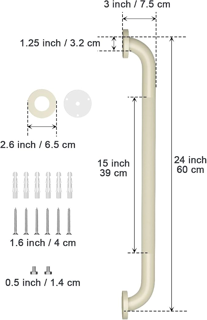24 Inch Anti Slip Shower Grab Bar Handle Beige White, ZUEXT Stainless Steel Bathroom Grab Bar, Knurled Bathroom Balance Bar, Safety Hand Rail Support,Handicap Elderly Injury Senior Assist Bath Handle