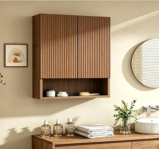 USHOWER Dark Walnut Bathroom Wall Cabinet, Thickened MDF Medicine Cabinet with 2 Fluted Doors & Open Shelf, Over the Toilet Storage Cabinet for Laundry Room, Living Room, Kitchen, Wall Mounted