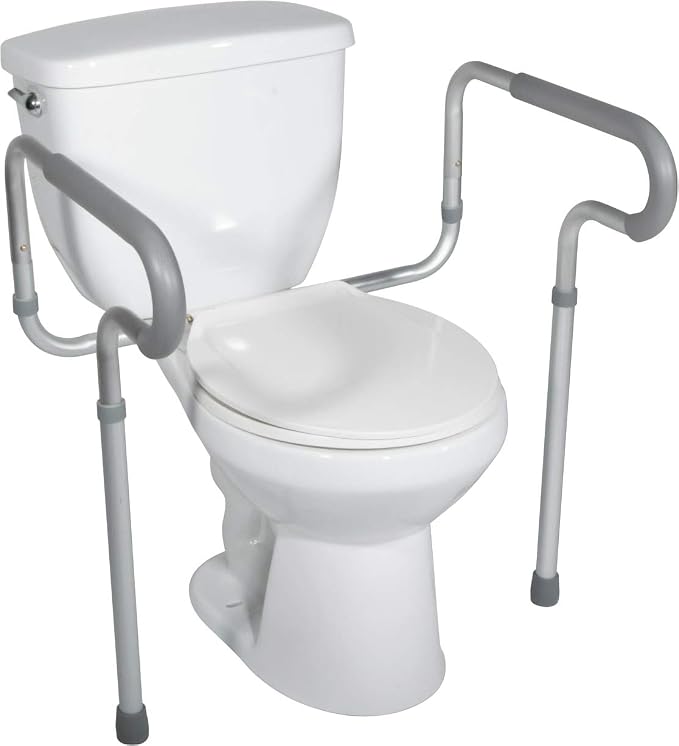 Drive Medical RTL12000 Toilet Safety Frame with Padded Arms, Anodized Aluminum Frame, Height and Width-adjustable Arms, Powder-coated Aluminum Bracket, Capacity up to 300 lb