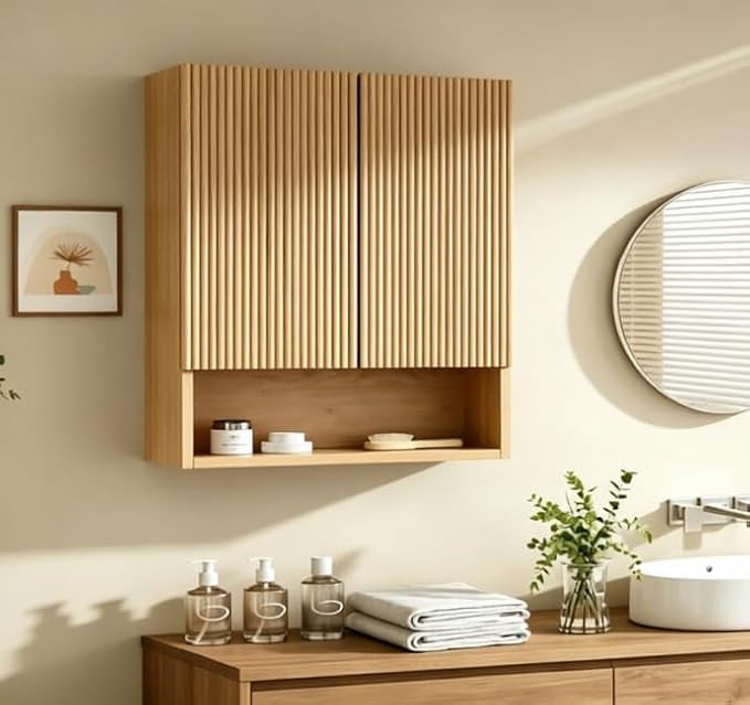 USHOWER Natural Bathroom Wall Cabinet, Thickened MDF Medicine Cabinet with 2 Fluted Doors & Open Shelf, Over the Toilet Storage Cabinet for Laundry Room, Living Room, Kitchen, Wall Mounted