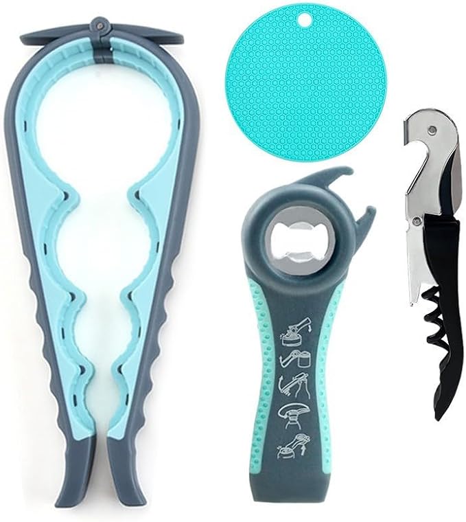 4-in-1 Multi-functional Jar Opener & Bottle Opener Set for Weak Hands, Arthritis, Seniors - Easy Grip Can Opener, Twist-Off Lid Remover with Non-slip Gripper Pads, Kitchen Gadgets (Blue)