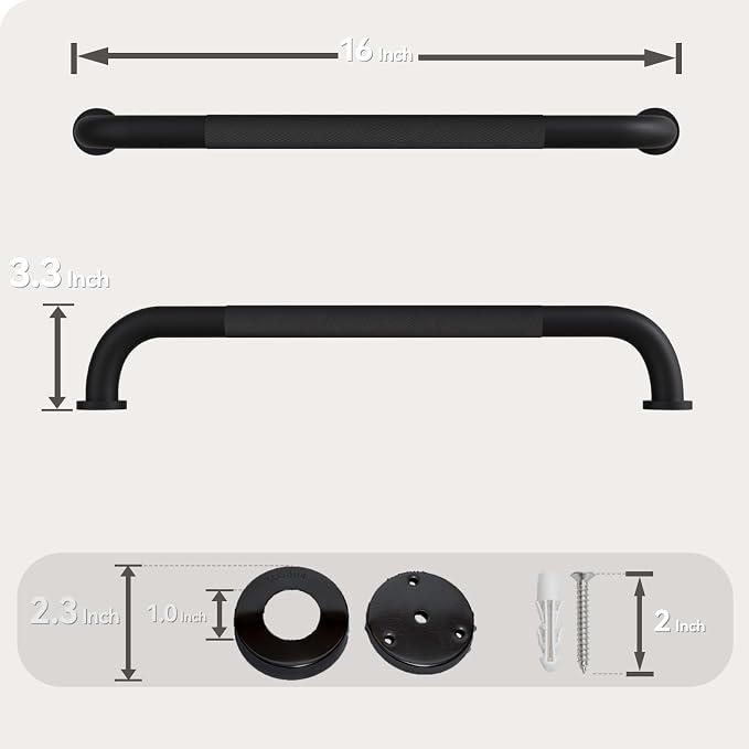 16 Inch Shower Grab Bar, Matte Black Bathroom Grab Bar Handle with Anti-Slip Knurled Grip, Stainless Steel Bath Balance Bar, 1.0" Diameter Bath Safety Bar Support for Seniors Elderly Pregnant