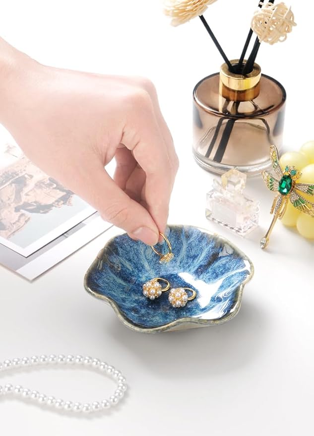 Lotus Leaf Shape Ring Holder Dish, Small Key Bowl, Ceramic Trinket Tray Jewelry Dish Organizing Necklace Earrings for Mom Friend Sister. All Jewelries Are NOT Included. Light Blue.
