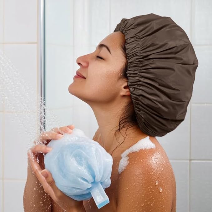 Reusable Shower Cap for Women, Large Waterproof Shower Bonnet with Elastic Band, Washable Bath Hair Cap for Long, Curly Hair, Braids, Daily Shower, Home Spa, Travel(Dark Coffee)