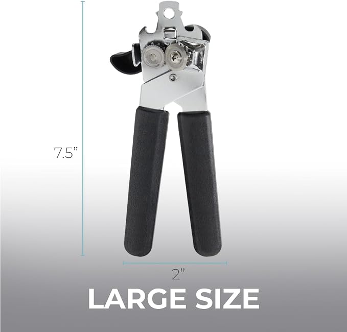 Kitchen Genie Slip Resistant Stainless Steel Manual Can Opener, Sharp Blade for Smooth Edge Cuts, Easily Open Cans, Ergonomic Handles with Easy to Turn Knob, Built-In Bottle Openers, Pitch Black
