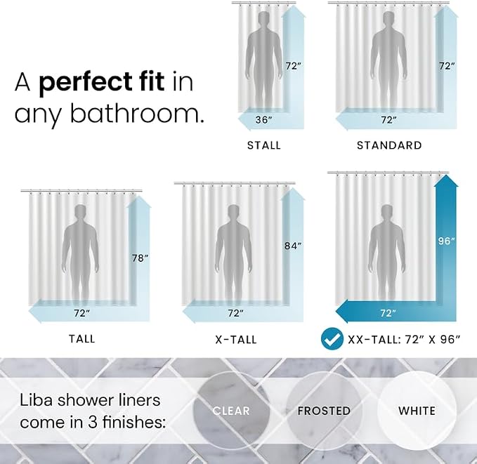 LiBa Bathroom Shower Curtain - Waterproof Plastic Shower Curtain Premium PEVA Non-Toxic with Rust Proof Grommets Clear 8G Heavy Duty Bathroom Accessories 72x96