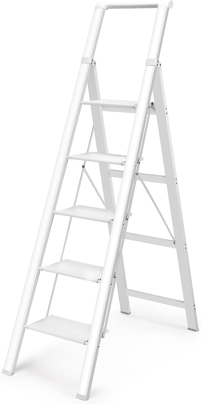 HBTower 5 Step Ladder, Aluminum Ladder with Handrails, Folding Step Stool for Adults, 330LBS Capacity Sturdy& Portable Ladder for Home Kitchen Library Office, White