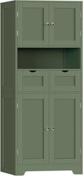 Iwell 58" H Tall Bathroom Storage Cabinet with 2 Drawers & 2 Adjustable Shelves, Bathroom Cabinet with 4 Doors, Tall Cabinet for Living Room, Dining Room, Entryway, Forest Green