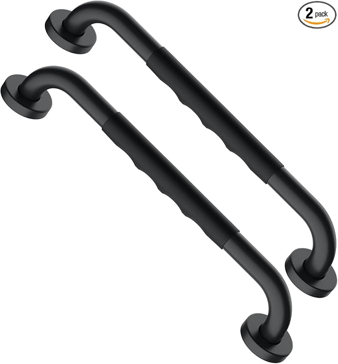 16 Inch Black Shower Grab Bar w/Anti Slip Rubber Grip, Munzong 2 Pack Stainless Steel Bathroom Grab Bar, Bathroom Balance Bar,Safety Handrail Support,Handicap Injury Elderly Senior Assist Bath Handle