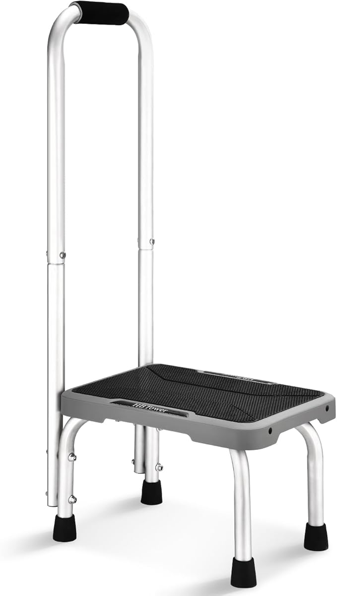 HBTower Aluminum Step Stool with Handle for Elderly, Lightweight Step Stools for Adults Seniors with Non-Slip Rubber Feet, Stepping Stools for Bedroom Kitchen Bathroom, Bed Steps for High Beds
