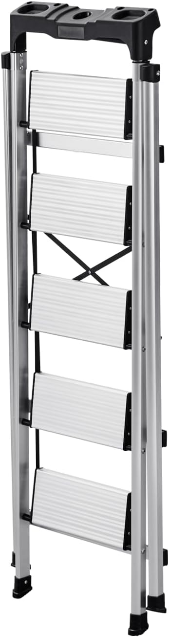 VEVOR 5 Step Ladder, Folding Step Stool with Wide Anti-Slip Pedal and Comfort Handgrip, 330 lbs Capacity Portable Aluminum Stepladder, Multi-Use for Kitchen, Warehouse, Household and Office, Silver