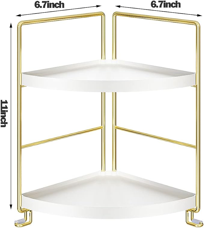 2-Tier Bathroom Corner Counter Organizer, Makeup Storage Shelf Vanity Tray, Bathroom Sink Countertop Organizer, Gold