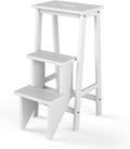 DORTALA 3 Tier Folding Step Stool, Rubber Wood Multifunctional Ladder Chair Bench, Portable Utility Seat, Flower Rack, 200 Lbs Capacity, Ideal for Library, Home (White)