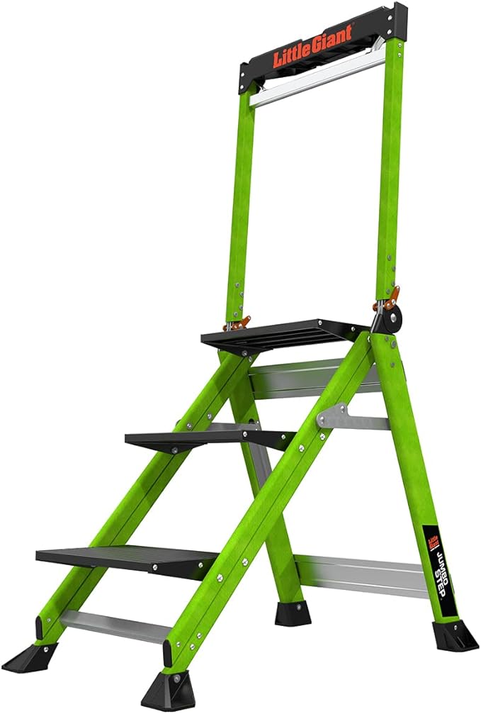 Little Giant Jumbo Step 3-Step Foldable 3-Ft Fiberglass Stool, Non-Conductive, Hi-Viz Green Rails, Extra-Wide Stair-Like Treads, Rotating Handrail, 375 lb. Type IAA, 11933